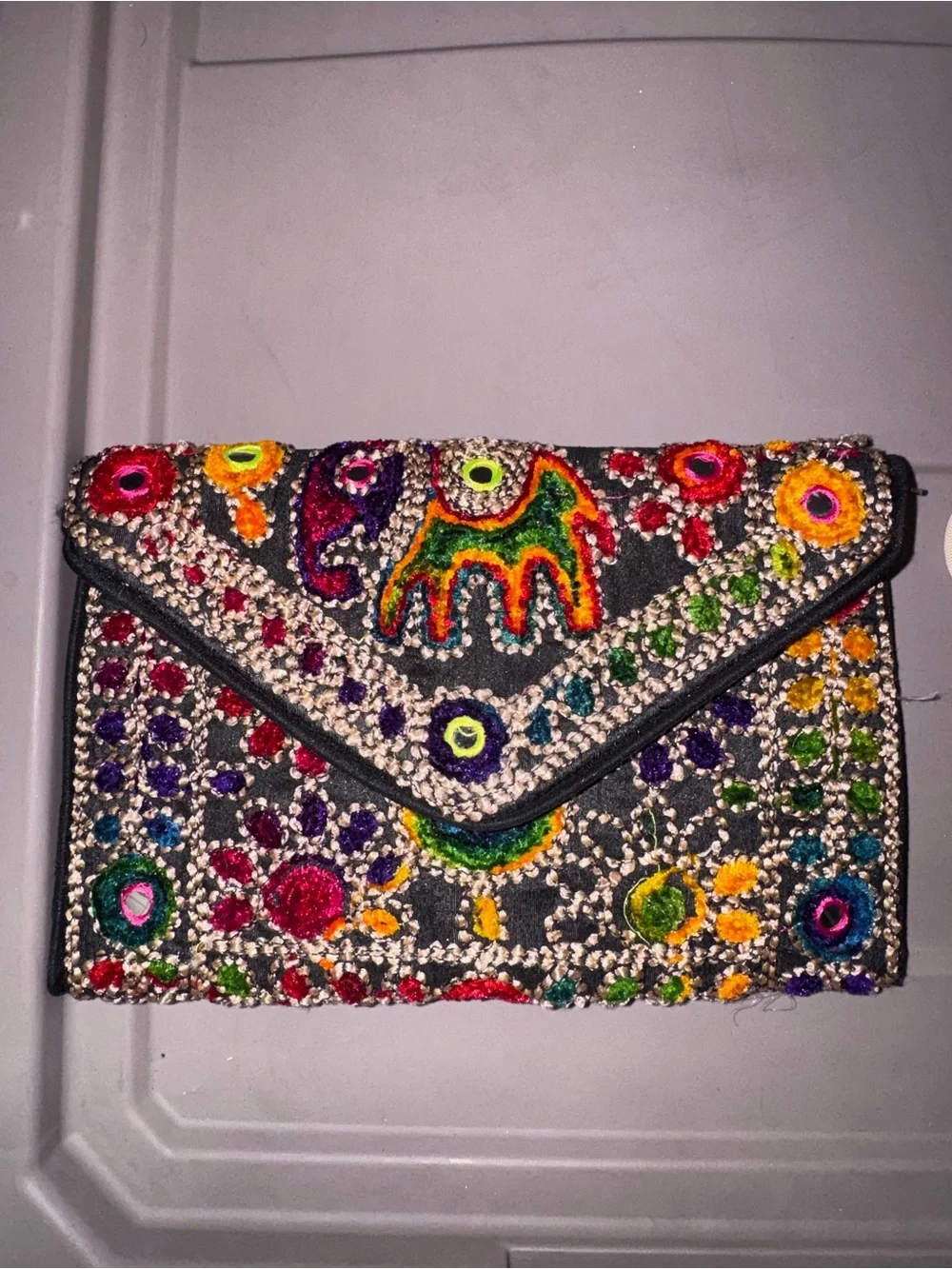Ethnic Indian Wear Black Embroidered Elephant Crossbody with Multicolor Accents